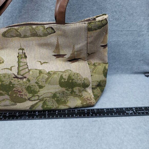 Vintage Lighthouse & Sailboat Tapestry Tote Bag With Brown Handles - Picture 3 of 14